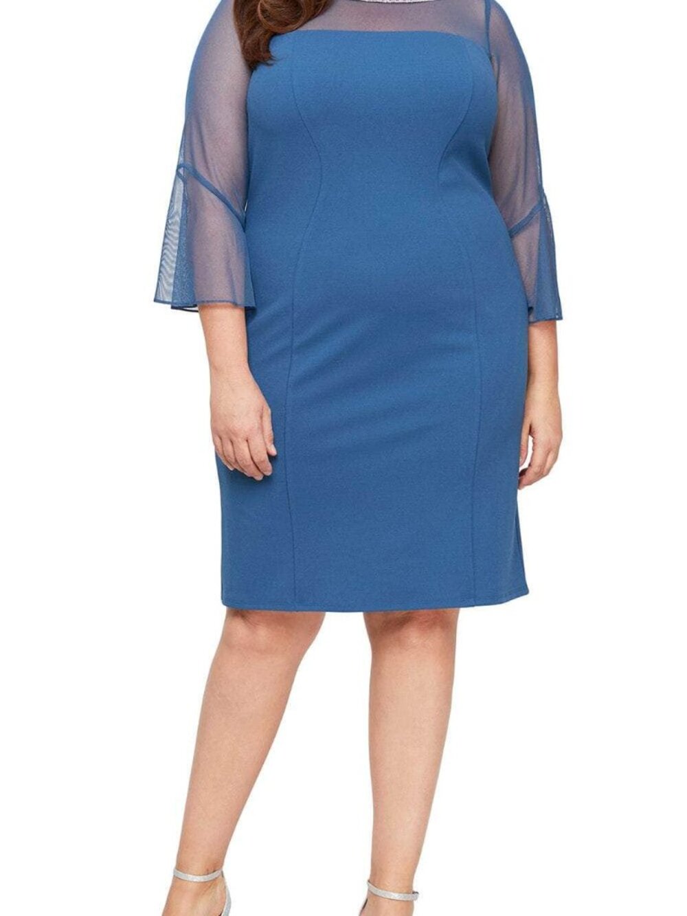 ALEX EVENINGS 24W Wedgewood Blue Crystal Neckline Illusion Flare Crepe Dress